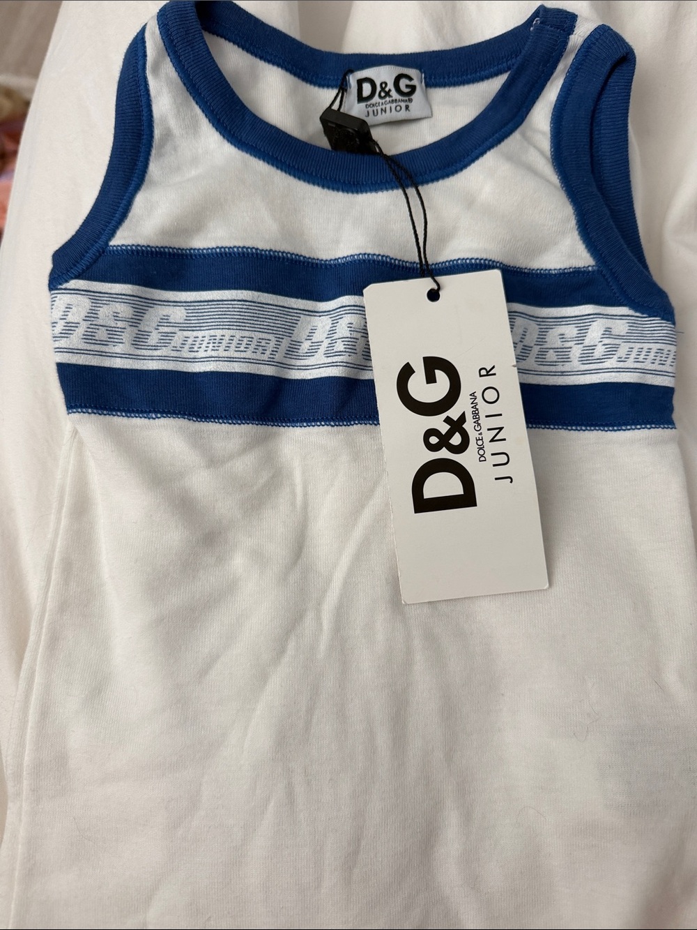D&G Junior White Tank Top with Blue Trim and Chest Stripe